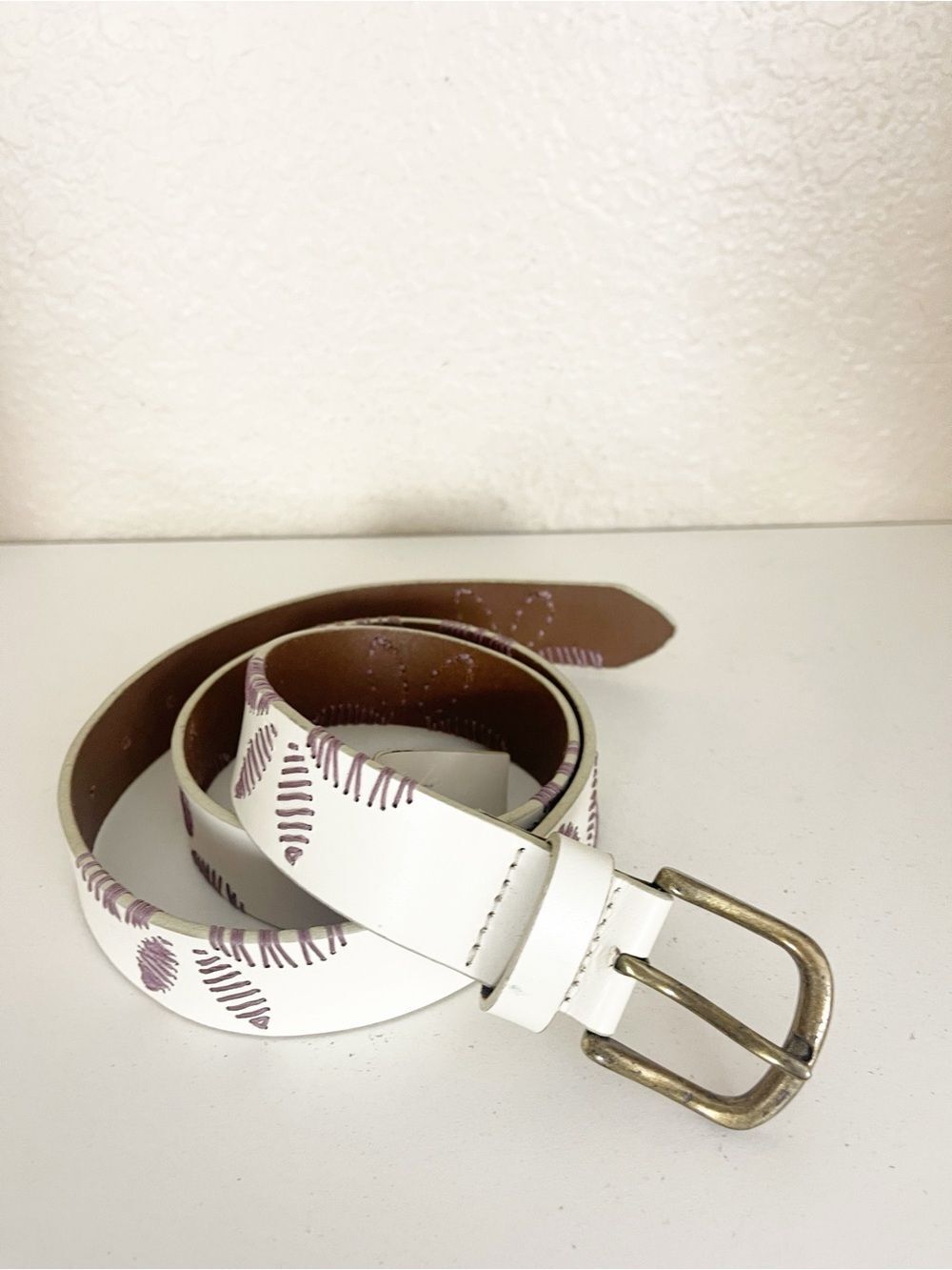 Free People Swift Haze floral Embroidered Belt white leather purple stitching - Picture 10 of 10